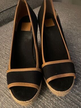 Tory Burch Black and Tan Espadrille Wedge Flats